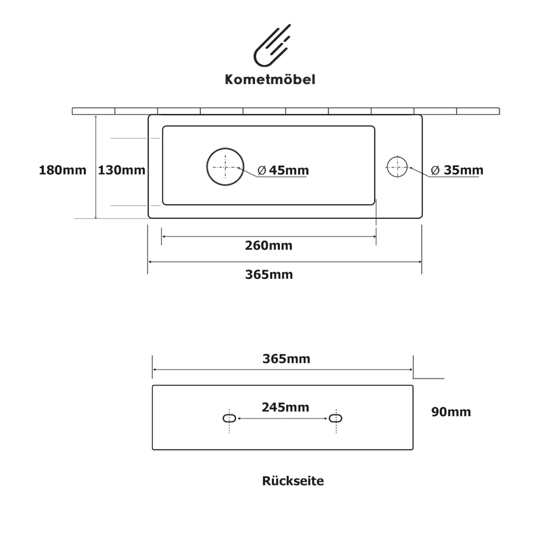 Kometmöbel Lavabo mural ou à poser en céramique 36,5 x 18 x 9 cm Trou pour robinet à droite