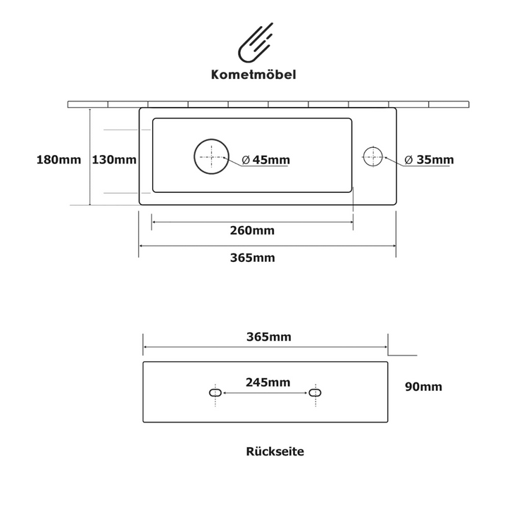 Kometmöbel Lavabo mural ou à poser en céramique 36,5 x 18 x 9 cm Trou pour robinet à droite