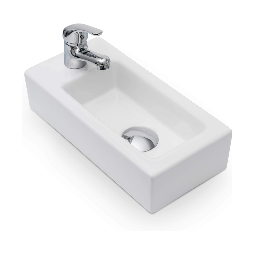 Lavabo mural ou à poser en céramique Kometmöbel 36,5x18x9cm trou pour robinet à gauche