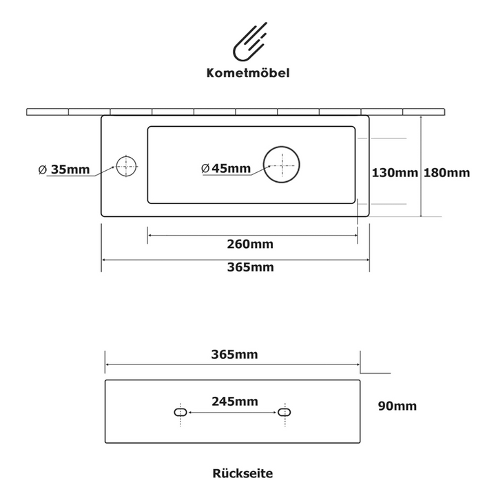 Lavabo mural ou à poser en céramique Kometmöbel 36,5x18x9cm trou pour robinet à gauche
