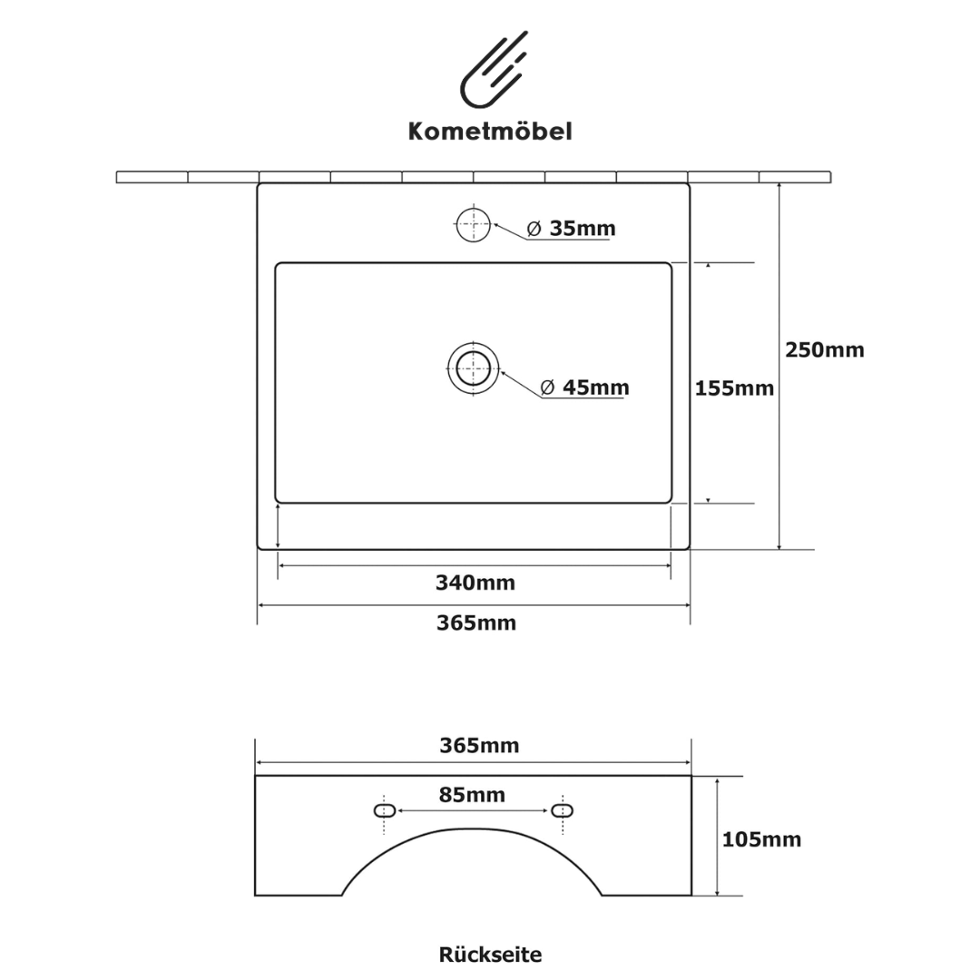 Lavabo mural ou à poser en céramique Kometmöbel 36,5 cm x 25,5 cm x 10,5 cm Blanc