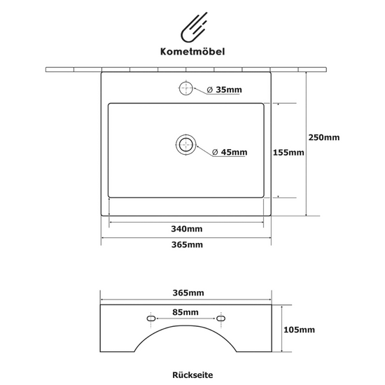 Lavabo mural ou à poser en céramique Kometmöbel 36,5 cm x 25,5 cm x 10,5 cm Blanc