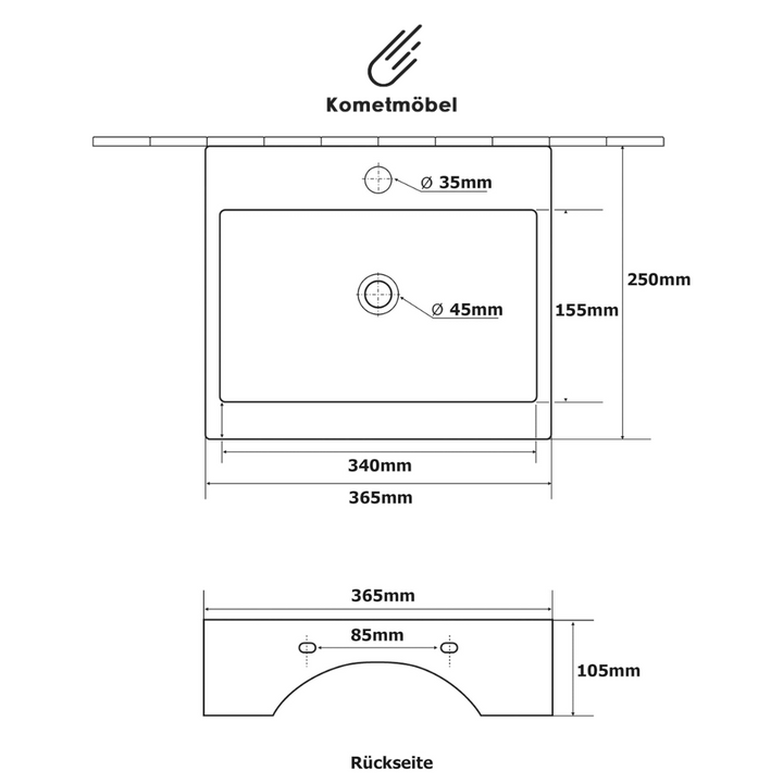 Lavabo mural ou à poser en céramique Kometmöbel 36,5 cm x 25,5 cm x 10,5 cm Blanc