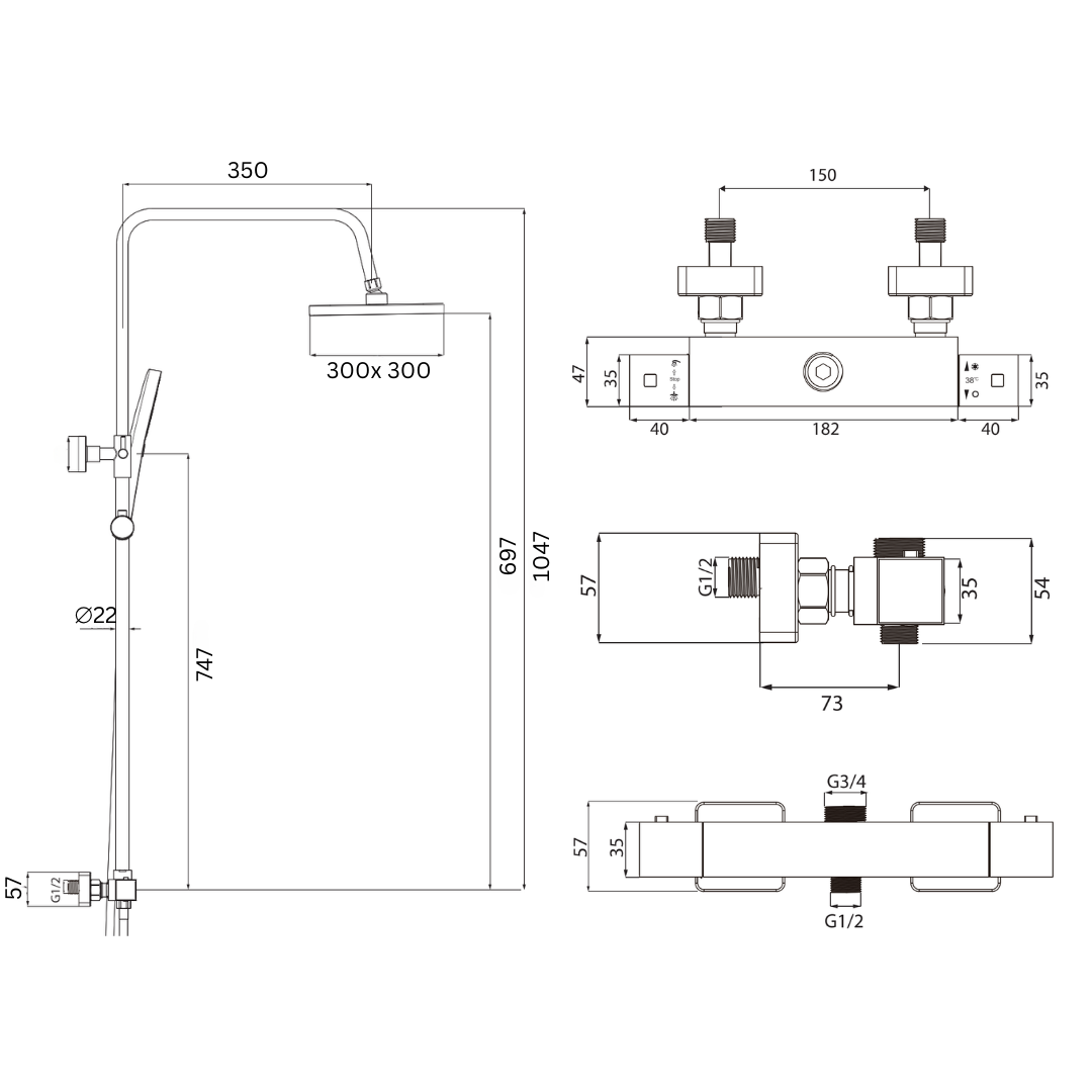 Système de douche avec thermostat, pommeau de douche à effet pluie rond de 30 cm Schwaz