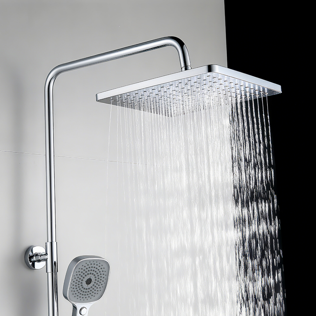 Système de douche avec thermostat, pommeau de douche rond effet pluie de 30 cm chromé