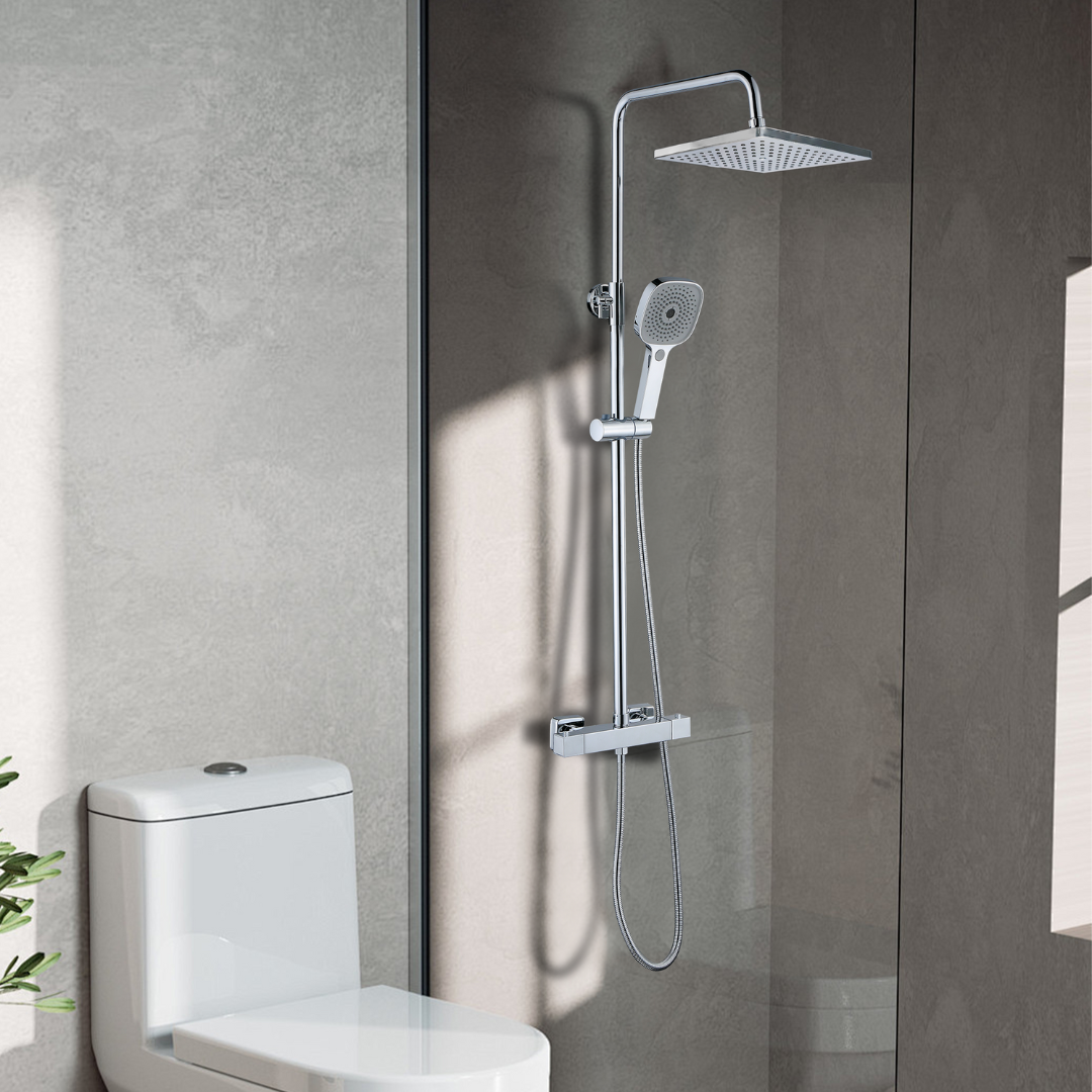 Système de douche avec thermostat, pommeau de douche rond effet pluie de 30 cm chromé