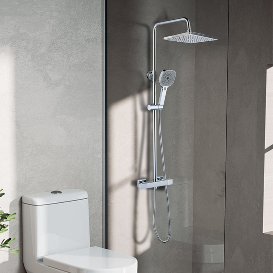 Système de douche avec thermostat, pommeau de douche rond effet pluie de 30 cm chromé