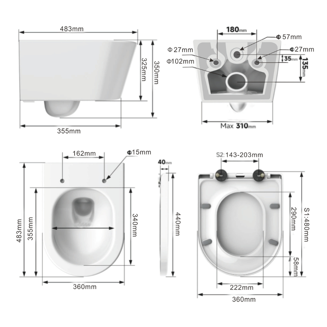Toilettes suspendues avec chasse d'eau Tornado 360°, sans bride
