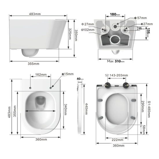 Toilettes suspendues avec chasse d'eau Tornado 360°, sans bride