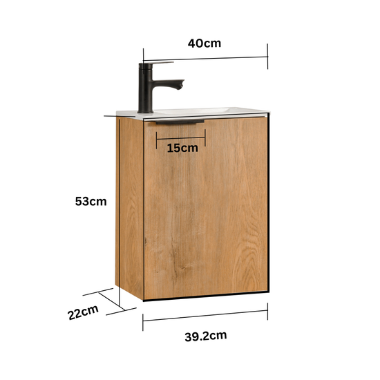 Ensemble lavabo WC invités MOLI 40 cm en chêne avec poignée