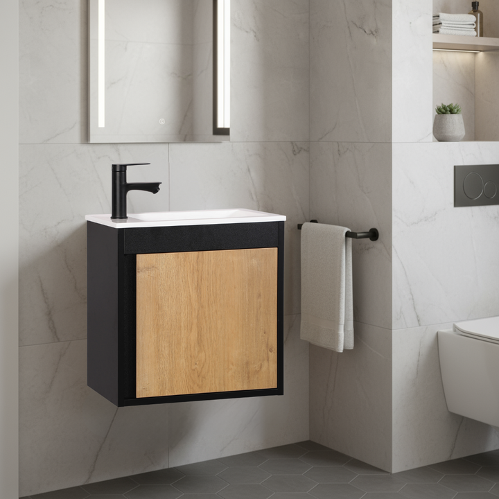 Ensemble lavabo WC invités NERO 50 cm noir/chêne