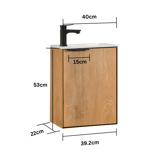 Ensemble lavabo WC invités MOLI 40 cm en chêne avec poignée